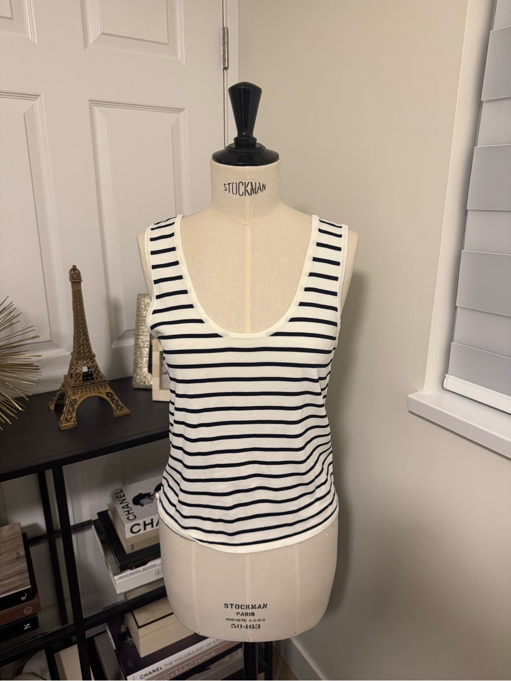 Zara Stretch Striped Scoop Neck Tank Top - White/Navy NWT